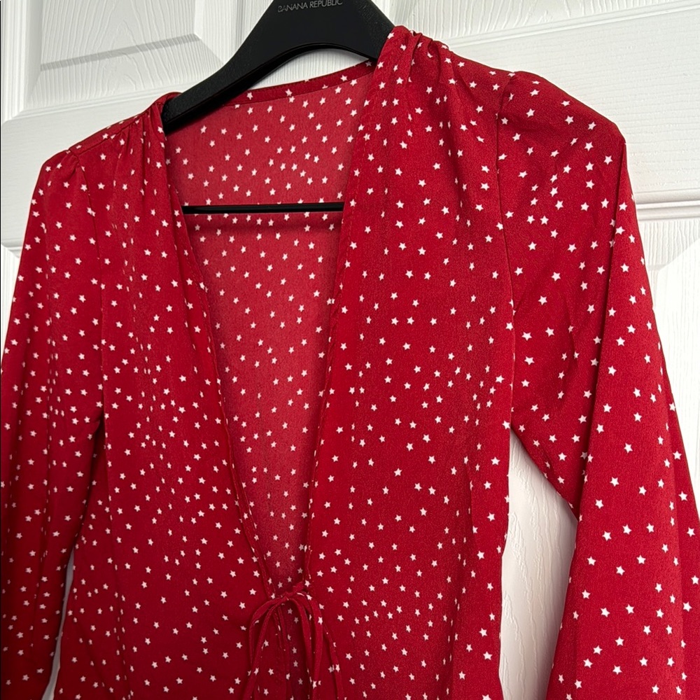 NWOT Hand Made Red Star Polka Dot Tie-Front Long Sleeve Top - Picture 2 of 3